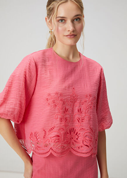 Pink Embroidered Balloon Sleeve Blouse