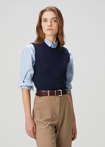 Navy Blue Cable Knit Wool Sweater