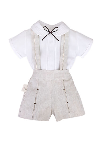 Bej Onu Pileli Keten Şort & Nevürlü Gömlek Erkek Bebek 2'li Set
