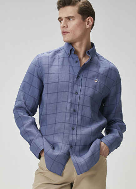 Comfort Fit Indigo Plaid Patterned Linen Shirt