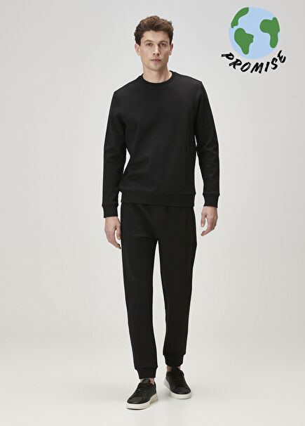 Siyah Paçası Ribanalı Interlock Eşofman Altı