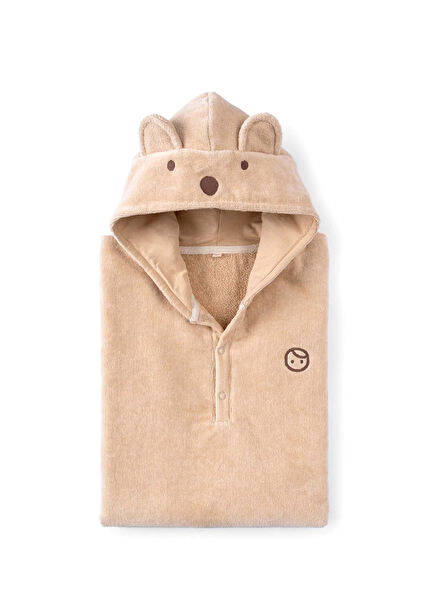 Bej Organik Pamuk Unisex Bebek Ayıcık Panço Havlu