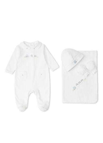 Beyaz Tren Nakışlı Erkek Bebek Hediye Seti