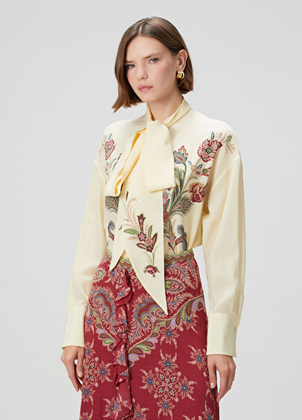 Krem Çiçekli İpek Gömlek