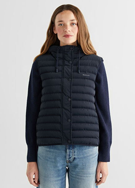 Navy Blue Quilted Hooded Regular Fit Women's Vest