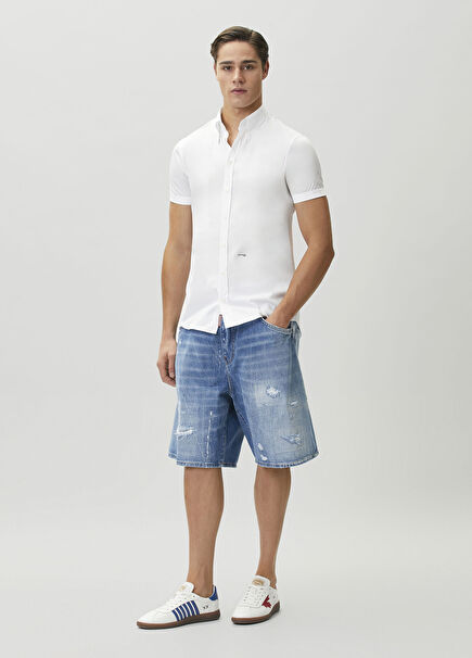Surfer Mavi Yıpratma Detaylı Denim Bermuda