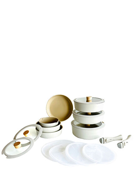 Midas Bej Ayrılabilen Saplı İç İçe Geçebilen 18 Parça Tencere Tava Seti