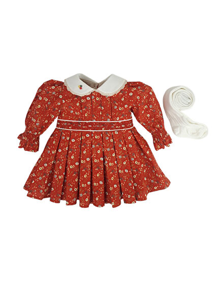 Brick Colored Floral Baby Girl Dress and Pantyhose Set of 2