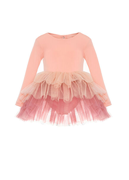 Somon ve Gül Kurusu Ombreli Kız Çocuk Tütülü Elbise