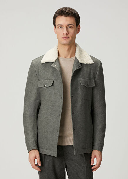 Gray Collar Shearling Detail Wool Coat