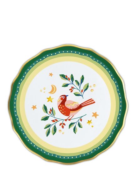 Mamma Mia Yeşil Kuş Desenli Porselen Pasta Tabağı 16 cm