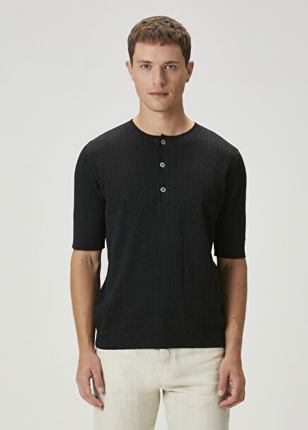 Black Collar Buttons Short-Sleeved Linen Sweater