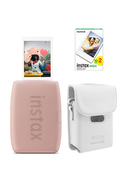 Instax mini Link 3 Pembe Akıllı Telefon Yazıcısı Beyaz Çanta ve 20'li Mini Film