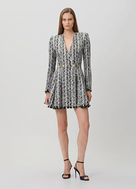 Siyah Beyaz Mini Tweed Elbise