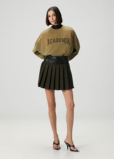 Haki Çift Kemerli Mini Yün Etek