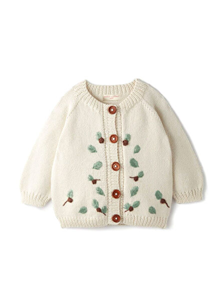 Cream Leaf Embroidered Unisex Kids Cardigan
