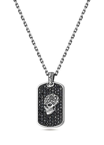 Skull Detailed Stone Men's Silver Necklace