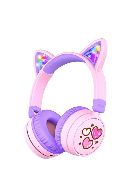 BTH21 Mor Işıklı Kedi Kulaklı Unisex Çocuk Bluetooth Kulak Üstü Kulaklık 