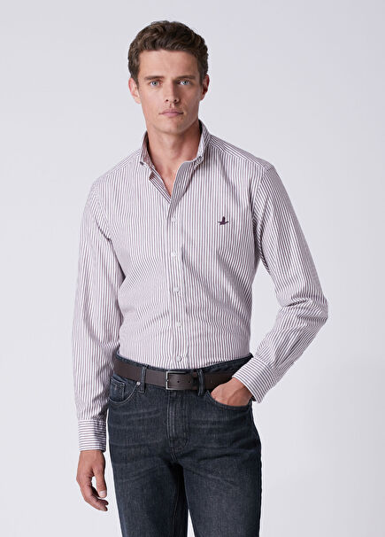 Comfort Fit White Burgundy Striped Oxford Shirt