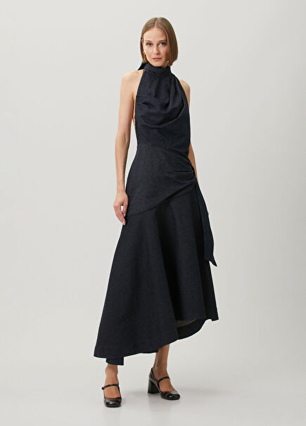 Valiant Lacivert Drapeli Midi Denim Elbise