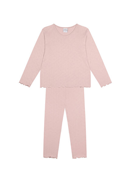 Pembe Kalp Jakar Uzun Kollu Kız Çocuk Pijama Takımı