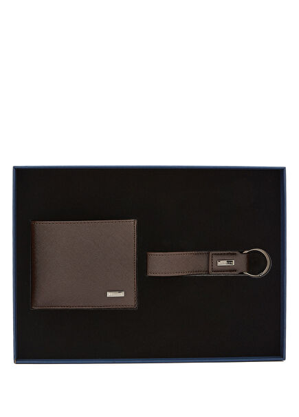 Saffiano Brown Wallet And Keychain Set