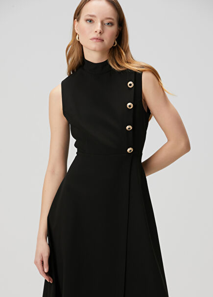 Black Button Detailed Midi Dress