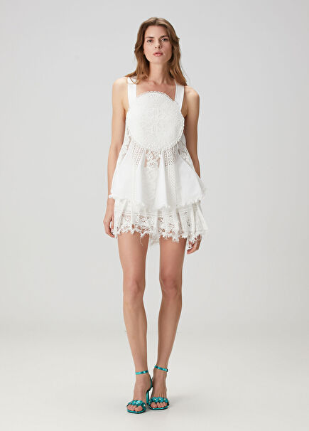 Beyaz Mini Dantel Etek