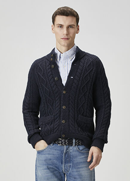 Navy Blue Knitted Textured Cardigan
