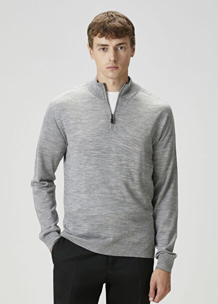Grey Collar Zipper Wool Sweater