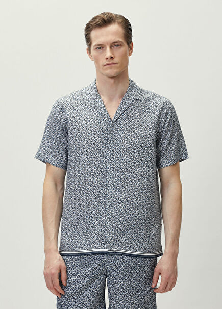 Navy Geometric Patterned Short-Sleeved Linen Shirt