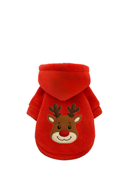 Geyik Nakışlı Kırmızı Polar Kapüşonlu Küçük Irk Köpek ve Kedi Montu