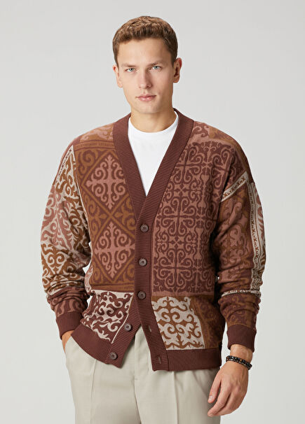 Altaicana Brown Jacquard Knit Cardigan