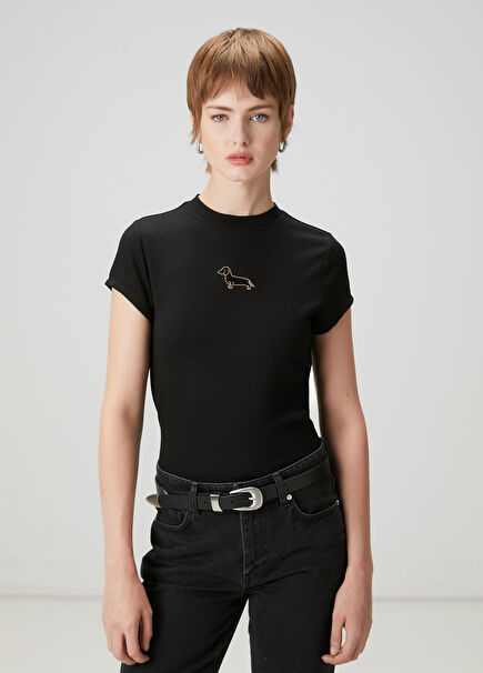 Black Stone Dog Detailed T-Shirt
