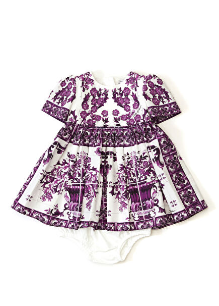 Mor Majolica Baskılı Kız Bebek Elbise