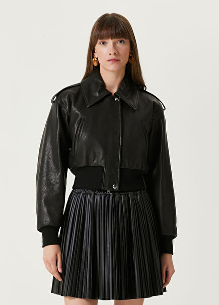 Aviator Siyah Crop Deri Bomber Ceket