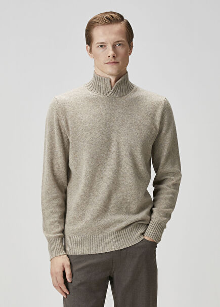 Dark Beige Collar Detail Wool Sweater