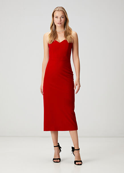 Kırmızı Straplez Midi Kokteyl Elbise