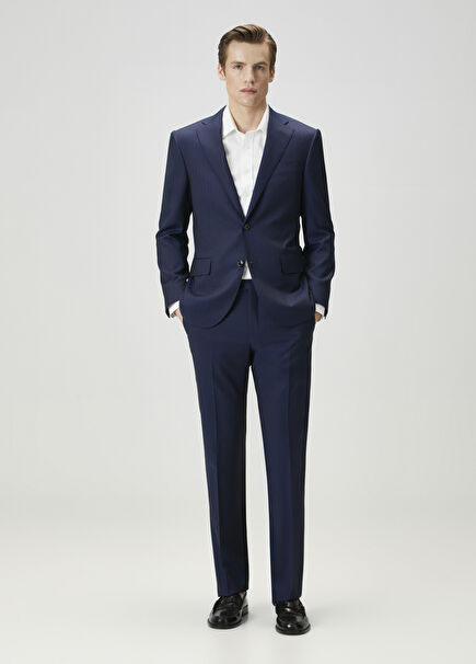 Lacivert Çizgi Desenli Yün Takım Elbise