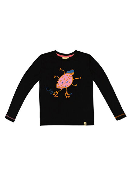 Pink Lady Beetle Printed Black Long Sleeve Girl T-Shirt