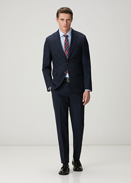 Navy Blue Stripe Patterned Wool Blend Suit