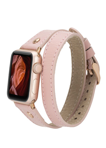 Hector Double Tour LeathaBloomBand Gold Buckle Double Tour Nude Pink Leather 44/45/46/49mm Smart Watch Band