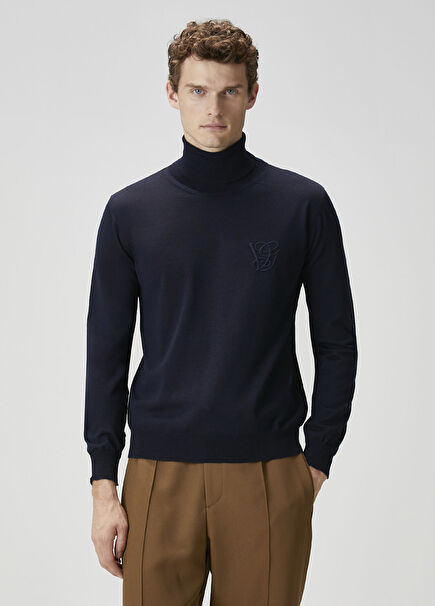 Navy Blue Turtleneck Wool Sweater