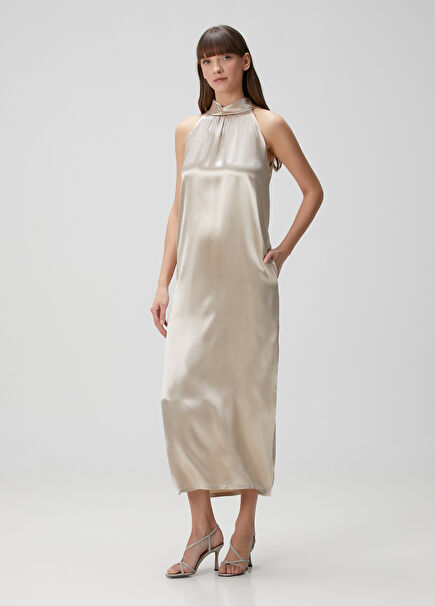 Beige Midi Satin Cocktail Dress
