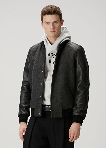 Birdeh Anthracite Logo Detailed Wool Bomber Coat