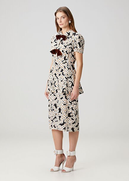 Black White Floral Midi Silk Dress