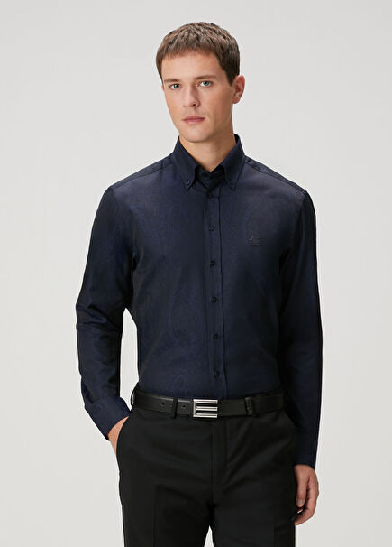Navy Blue Ethnic Patterned Shirt