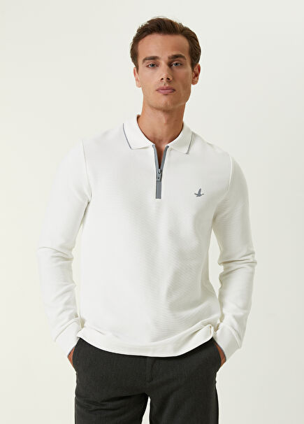 Slim Fit Ekru Polo Yaka Ottoman Dokulu Sweatshirt