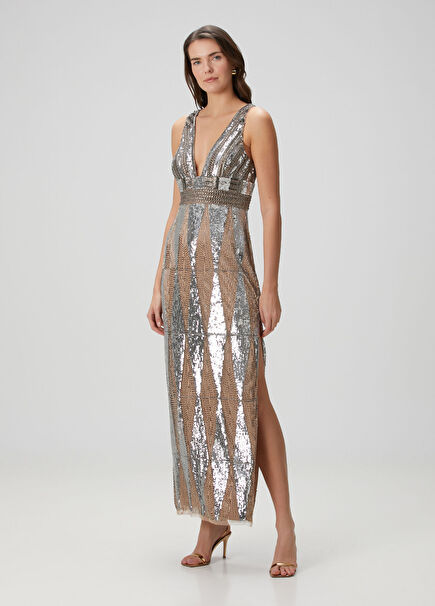 Silver Sequined Midi Evening Dress