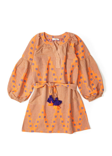 Bej Turuncu Nakışlı Kız Çocuk Elbise